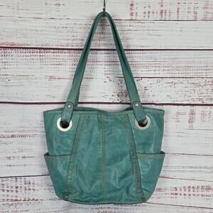 Fossil Teal Leather Tote Dual Strap Carryall Purse Pockets Western Casual Grunge